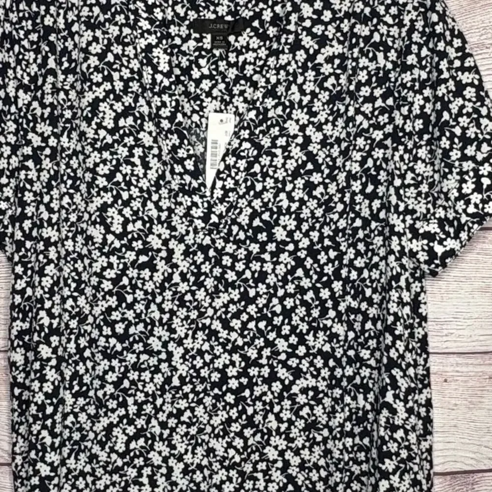 J. Crew Navy White Ditzy Floral Popover Cuff Short Sleeve Blouse Top Size XS New